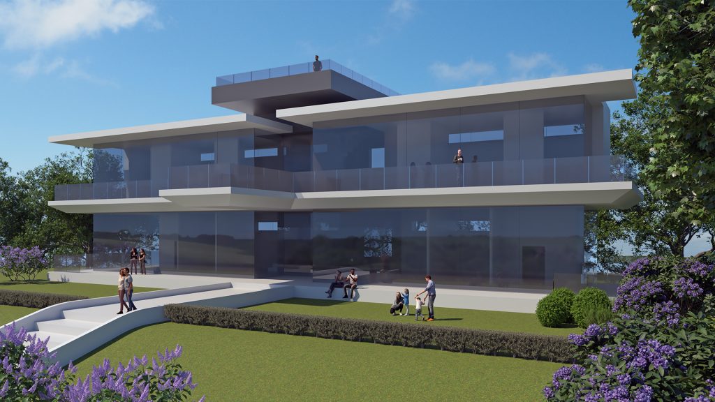 Screenshot shows the front elevation of an architecturally designed 2-storey building with a roof terrace platform, designed in Rhino 3D Software and rendered using V-Ray.
