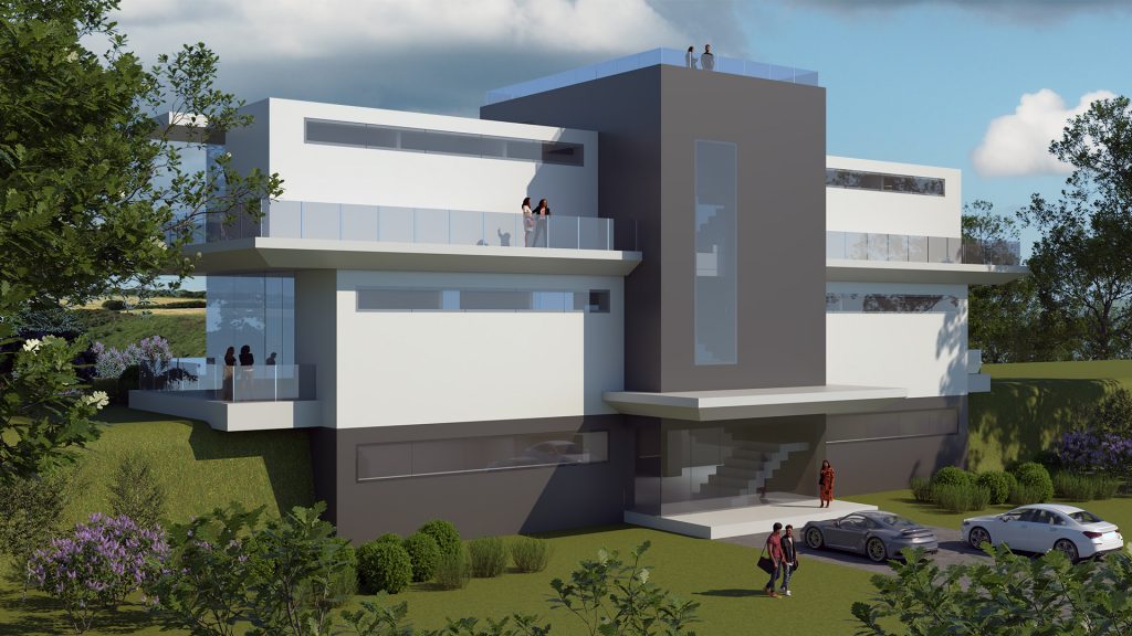 Screenshot shows the rear elevation of an architecturally designed 2-storey building with a roof terrace platform, designed in Rhino 3D Software and rendered using V-Ray.