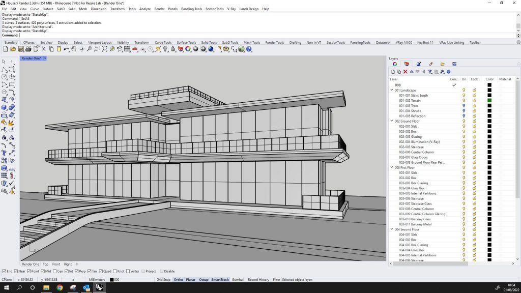 Screenshot shows a Rhino 3D CAD software interface, with the workings of an Architectural building being modelled. 
