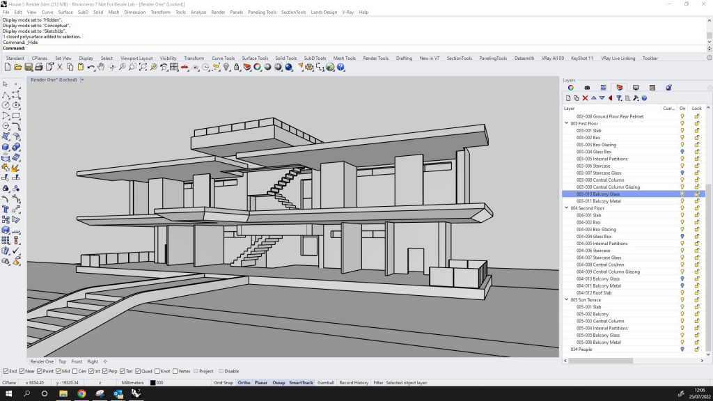 Screenshot shows a Rhino 3D CAD software interface, with the workings of an Architectural building being modelled. 