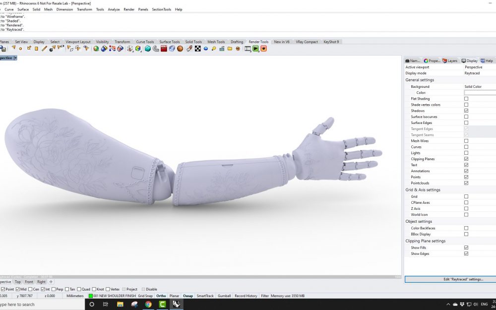Screenshot of Prosthetic Arm from Rhino3d Video looking at QuadRemesh