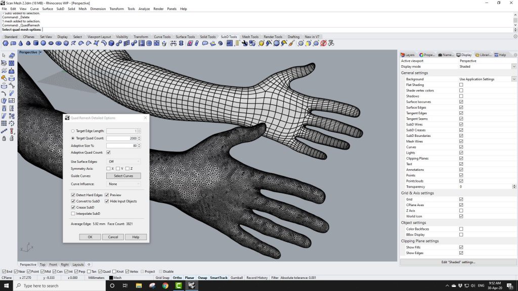 Screenshot from Rhino3d Video Looking at QuadRemesh in Rhino3d v7 WIP