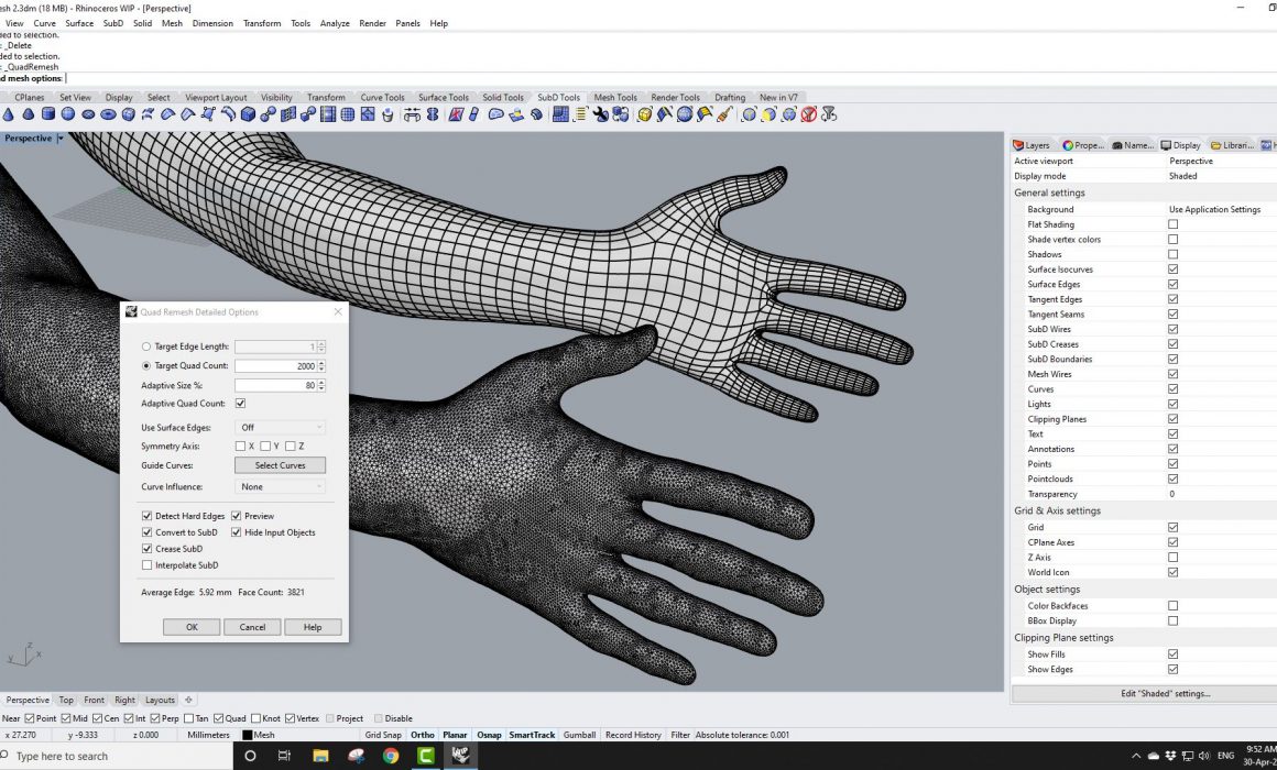 Screenshot from Rhino3d Video Looking at QuadRemesh in Rhino3d v7 WIP