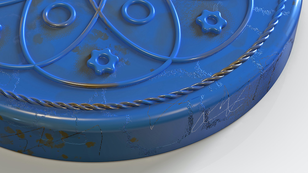 Image shows a flat circular object 3d modelled in Rhino3D and rendered in KeyShot using the 3D Paint feature to show the realistic ageing and corrosion to the blue metal finish.