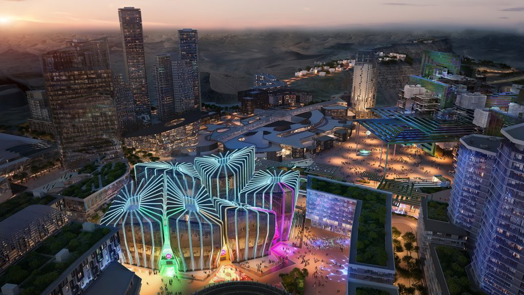 An aerial photo showing a rendered view of the proposed Qiddiya City Esports Arena in Saudi Arabia.
