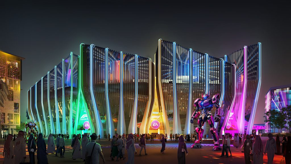 A rendered view of the Qiddiya City Esports Arena in Saudi Arabia.