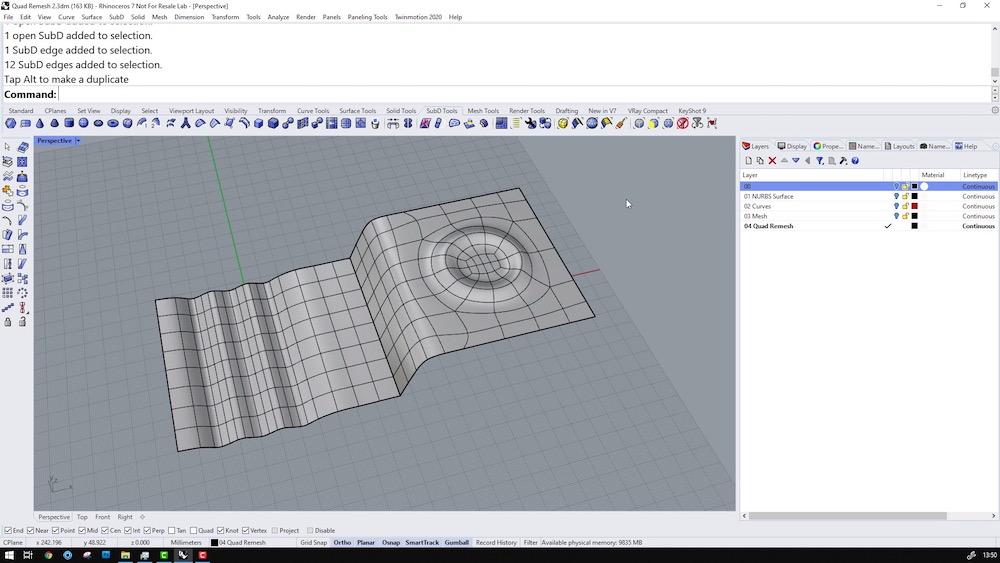 Screenshot of Rhino 3D v7 showing QuadRemesh tools