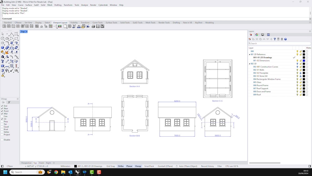 A screenshot from the video 'Rhino 8 for SketchUp Users - New and Improved Solid modelling Tools'. The screenshot shows a section of the video where a house is being modelled in Rhino3D CAD software.