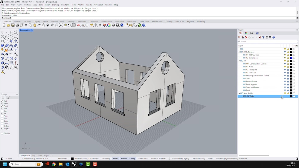 A screenshot from the video 'Rhino 8 for SketchUp Users - New and Improved Solid modelling Tools'. The screenshot shows a section of the video where a house is being modelled in Rhino3D CAD software.