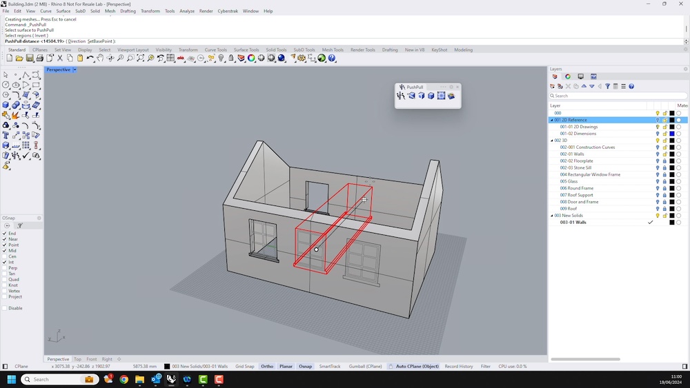 A screenshot from the video 'Rhino 8 for SketchUp Users - New and Improved Solid modelling Tools'. The screenshot shows a section of the video where a house is being modelled in Rhino3D CAD software.