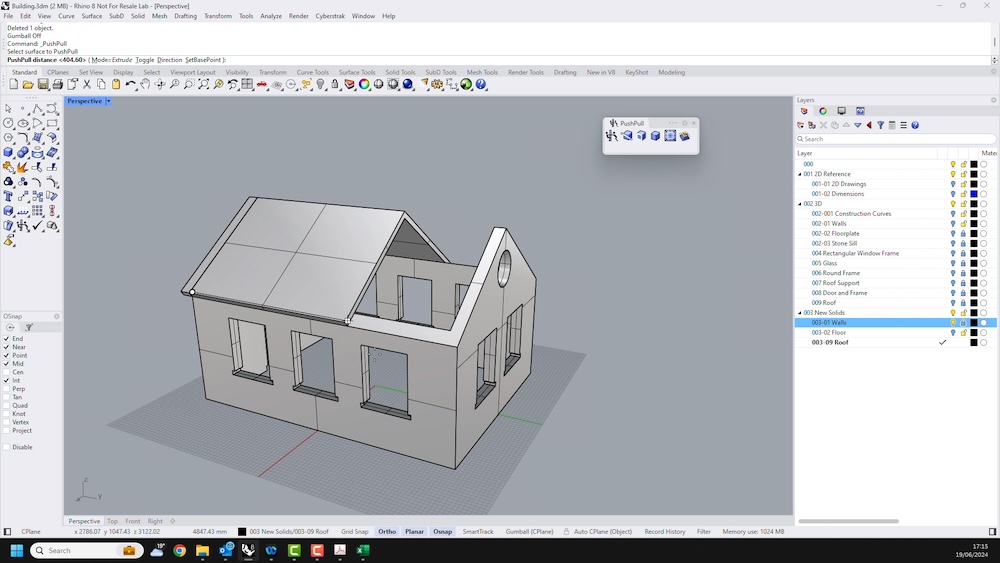 A screenshot from the video 'Rhino 8 for SketchUp Users - New and Improved Solid modelling Tools'. The screenshot shows a section of the video where a house is being modelled in Rhino3D CAD software.