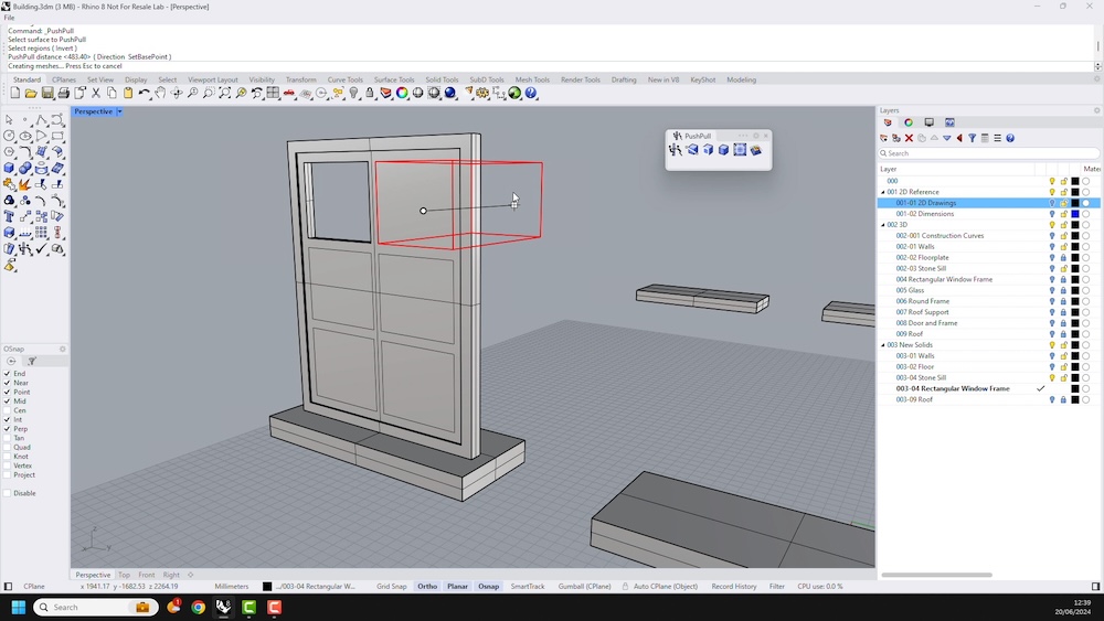 A screenshot from the video 'Rhino 8 for SketchUp Users - New and Improved Solid modelling Tools'. The screenshot shows a section of the video where a house is being modelled in Rhino3D CAD software.