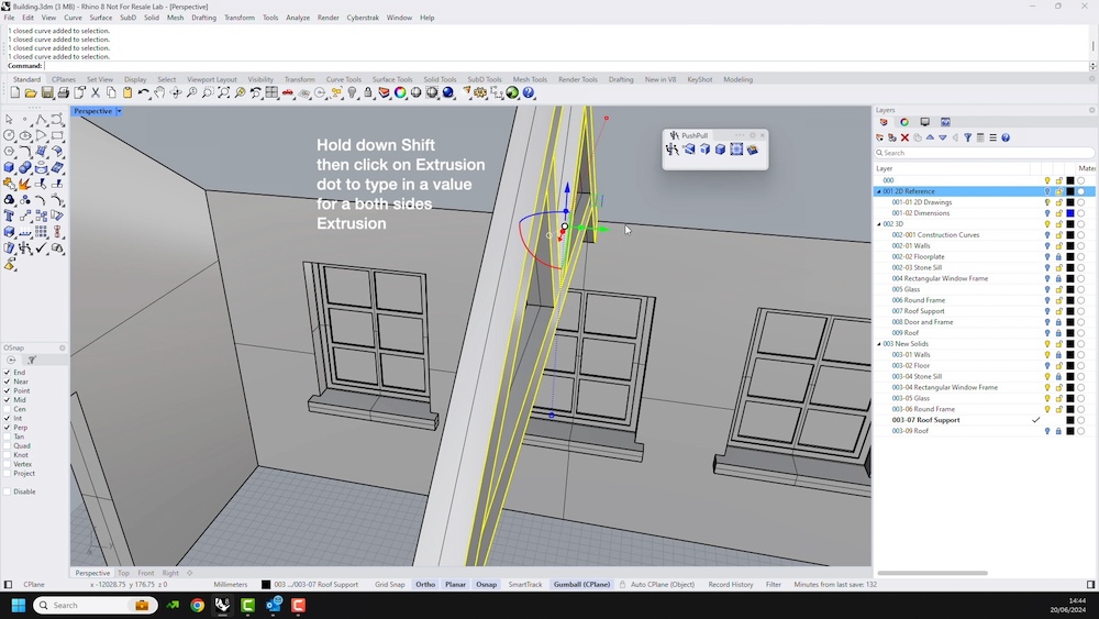 A screenshot from the video 'Rhino 8 for SketchUp Users - New and Improved Solid modelling Tools'. The screenshot shows a section of the video where a house is being modelled in Rhino3D CAD software.