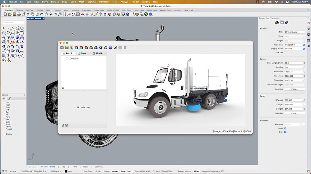 Screenshot of a truck that has been 3D modelled in Rhino3D software. We are seeing the truck CAD model in the centre of the screen with the software interface around it.