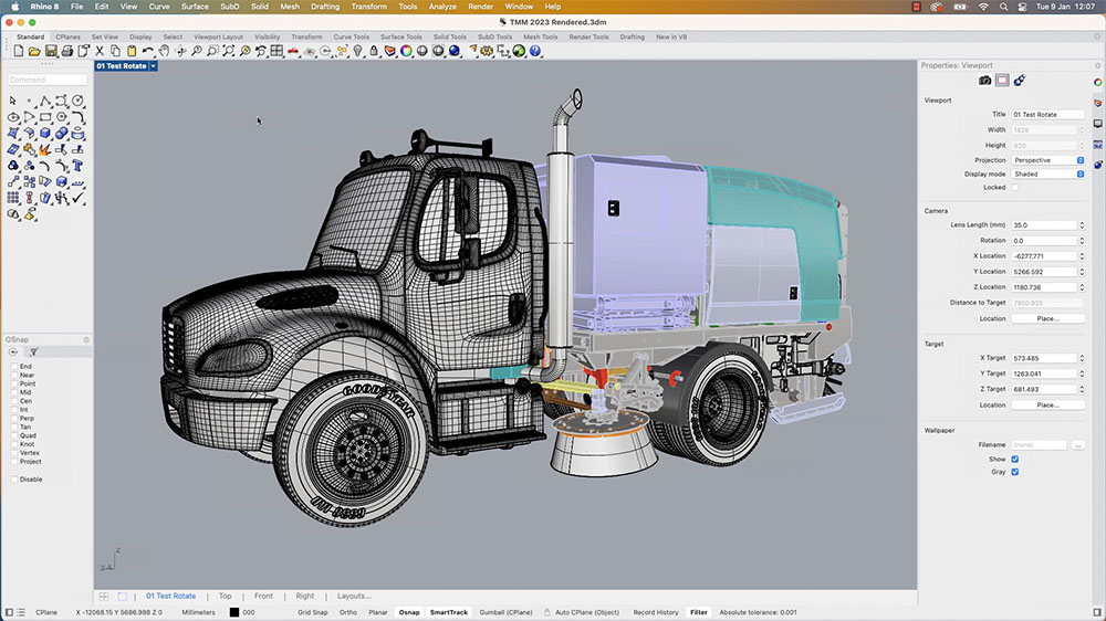 Screenshot of a truck that has been 3D modelled in Rhino3D software. We are seeing the truck CAD model in the centre of the screen with the software interface around it.
