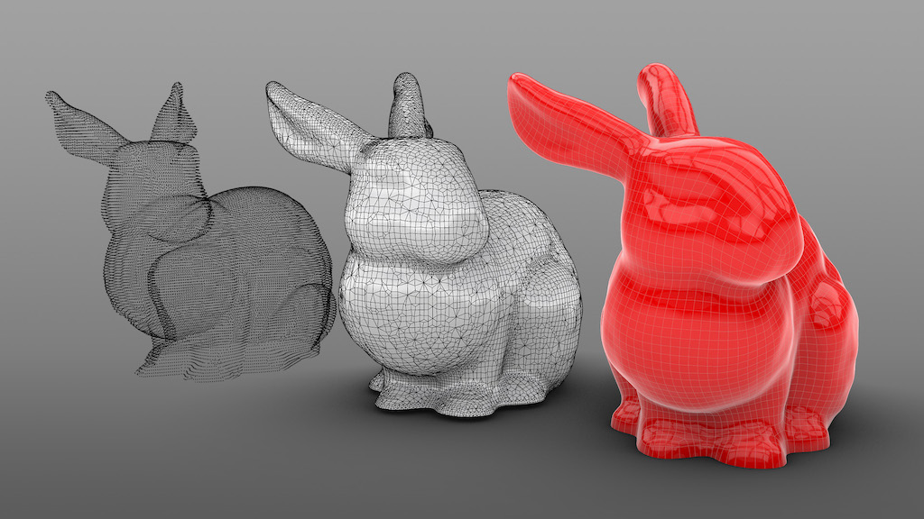 Image shows 3 versions of a rabbit CAD model. The first version shows a scan of the rabbit using point cloud data, the second shows the data being processed using the ShrinkWrap command in Rhino 8, the final rabbit is the resulting image.