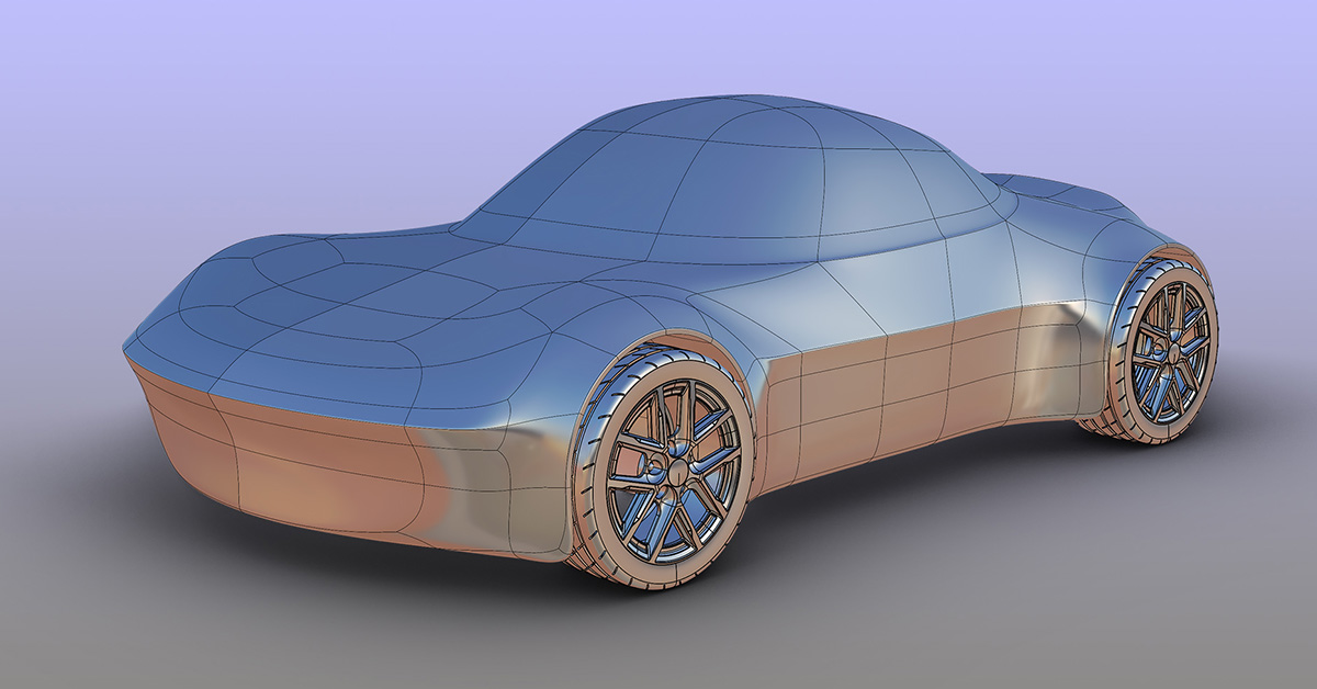 3D CAD drawing of a concept car. The purpose of the image is to show a new software command feature in Rhino 8 software called SubD Crease. The image we see is of a silver coloured roadster style sports car pointing towards us.