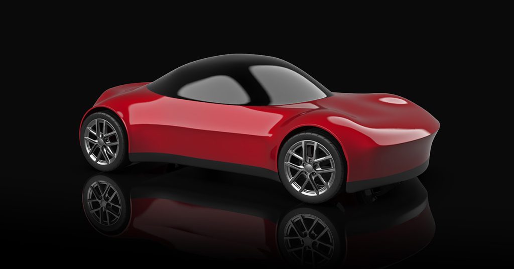 A red sports car modelled in Rhino software shown with a black background and a reflection.