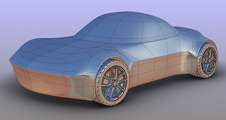 3D CAD drawing of a concept car. The purpose of the image is to show a new software command feature in Rhino 8 software called SubD Crease. The image we see is of a silver coloured roadster style sports car pointing towards us.