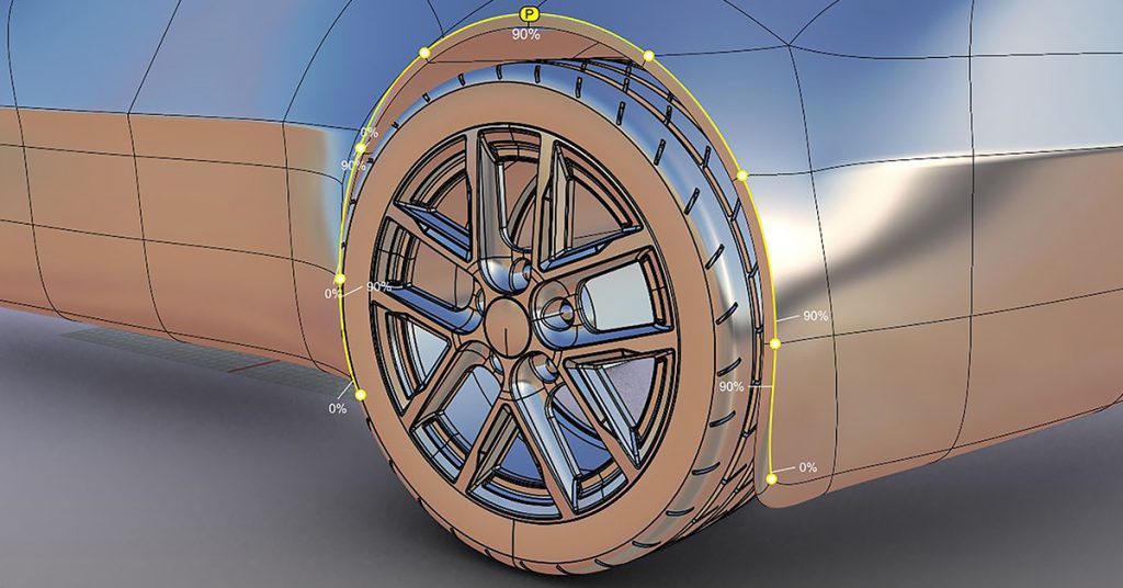 Close up CAD drawing of a car wheel arch modelled in Rhino3D software. We see a silver coloured car and we are shown measurements of degrees on the wheel arch which demonstrate a command in use by the person modelling the car.