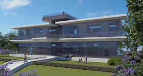 Rendered image of a 2-storey architecturally designed building modelled in Rhino 3D CAD software and rendered in V-Ray