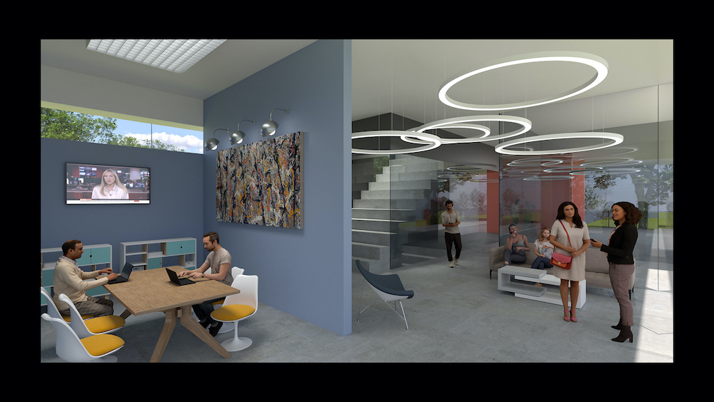A daylight render scene of a contemporary basement office and reception area.