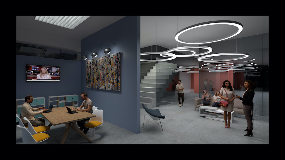 A night-time render scene of a contemporary basement office and reception area.