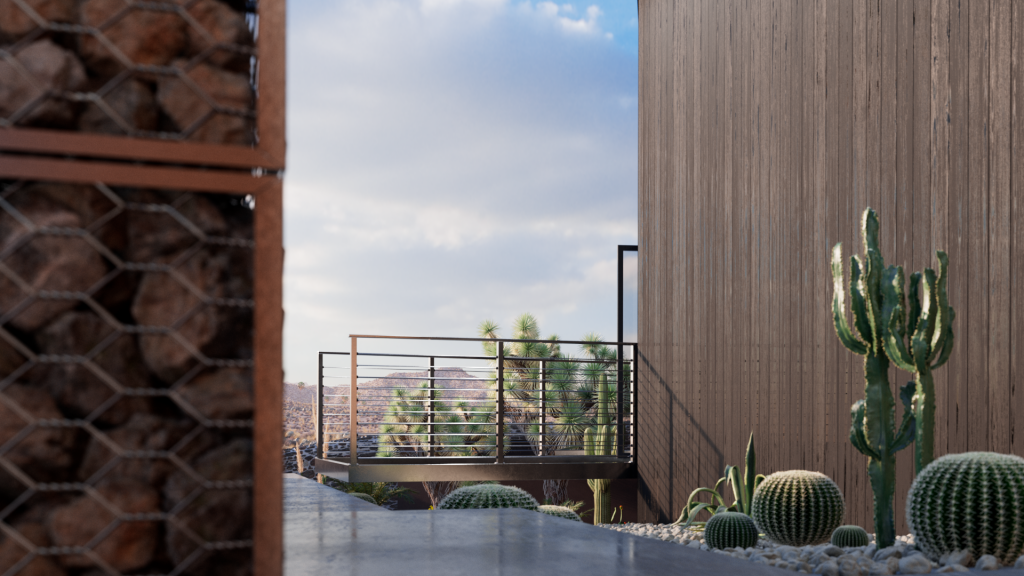 3D Architectural Scene Modelled in Rhino 3D and Rendered in V-Ray 6 for Rhino. Shows a pathway from a building leading out to the exterior with skyscape and mountains, in the foreground there are cacti and a timber wall.