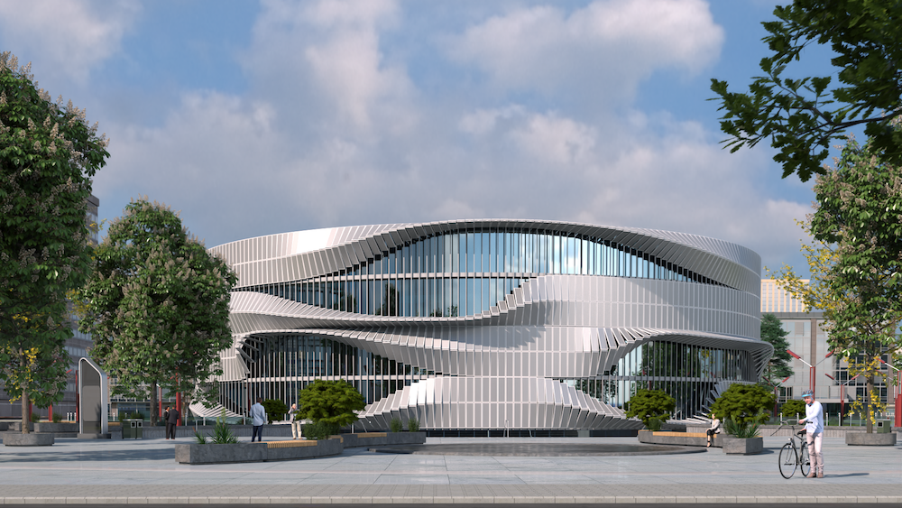 Circular silver and glass modern building set in urban landscape, modelled in Rhino and Grasshopper and Rendered in V-Ray for Rhino.