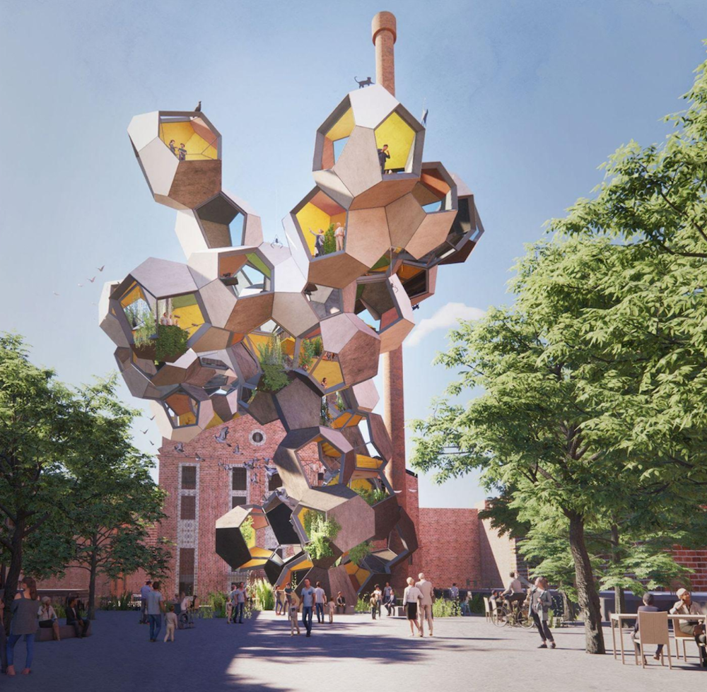 Photo realistic render of a tower style building constructed of geometric pods that are joined together. People can be seen within the windows of the pods. In the foreground we see people walking to and from the building and there are trees either side.
