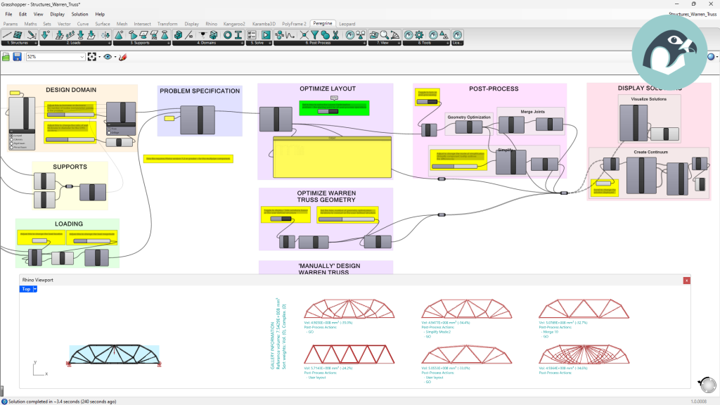 Screenshot showing the Grasshopper plugin, Peregrine, in use.