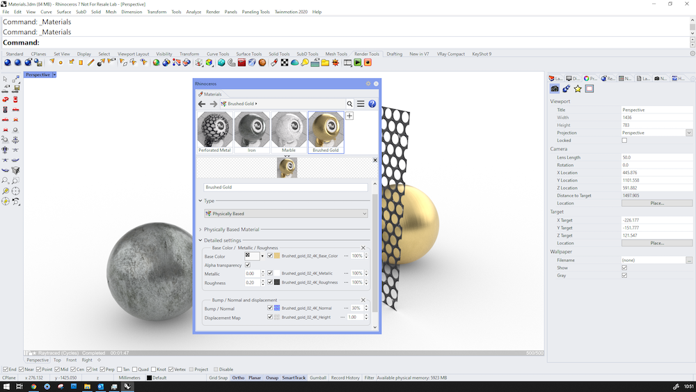 Rhino 3D v7 Screenshot showing work using Physically Based Materials