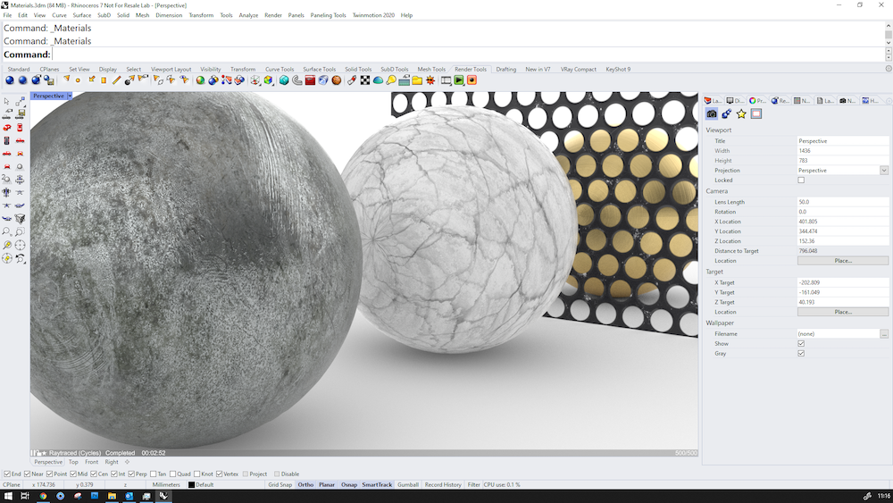 Rhino 3D v7 Screenshot showing work using Physically Based Materials