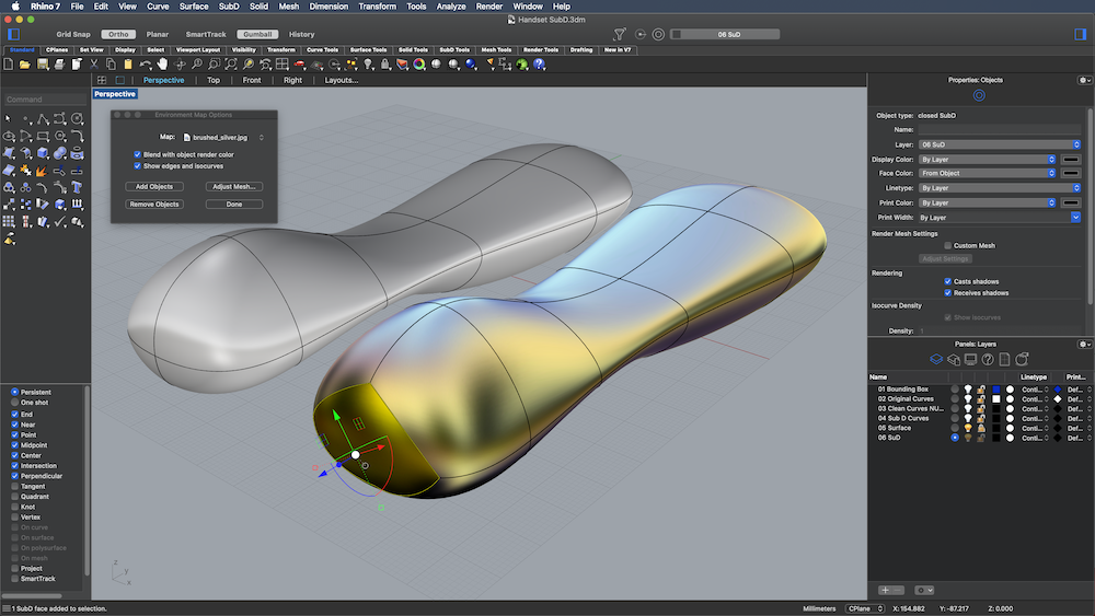 Screenshot of SubD work in Rhino 3D v7 for Mac