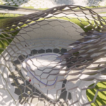 Screenshot from Rhino to Twinmotion video tutorial looking at the pavilion from above with shadows showing alongside vegetation