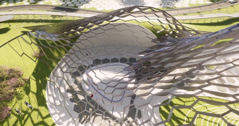 Screenshot from Rhino to Twinmotion video tutorial looking at the pavilion from above with shadows showing alongside vegetation