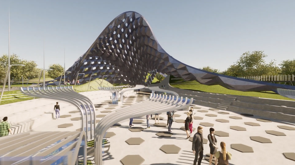 Image shows a screenshot of a scene with a central pavilion designed in Rhino and Grasshopper which has been rendered in Twinmotion.