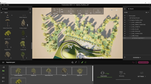Screenshot from a Twinmotion scene where vegetation is being selected and added
