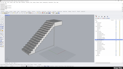 Screenshot showing a Rhino3D interface of a staircase modelling.