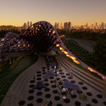 Sunset scene of a Rhino3D modelled Pavilion rendered in Twinmotion software