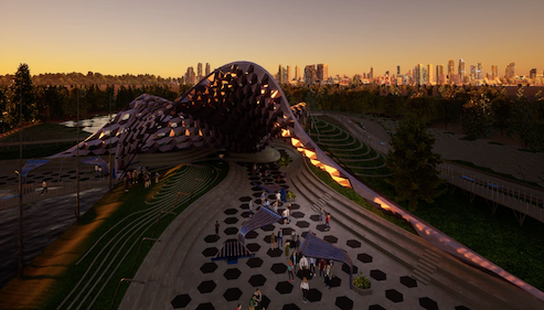Sunset scene of a Rhino3D modelled Pavilion rendered in Twinmotion software