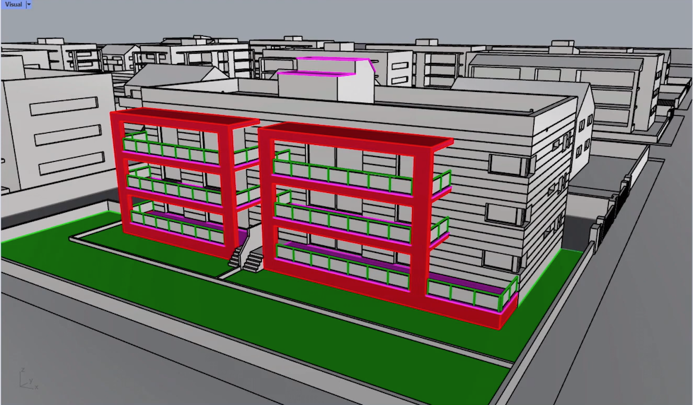 Screenshot of an apartment block being modelled in Rhino3d from Rhino v7 and KeyShot Video Tutorial