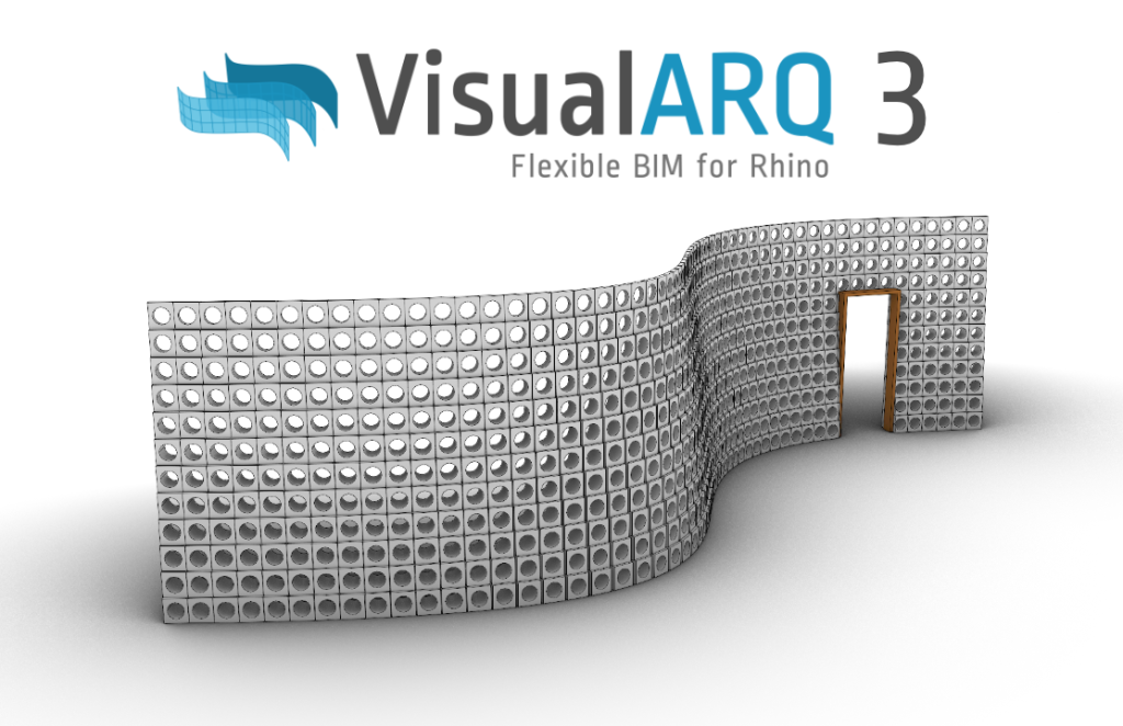 A landscape marketing banner for VisualARQ 3. It shows the words of the product at the top and under it is a bending curved wall with a door in it.