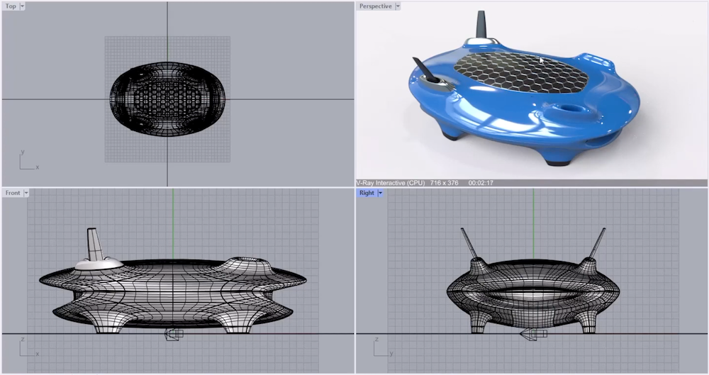 Screenshot shows the 4 Rhino window views during a product rendering exercise using Rhino 3D.
