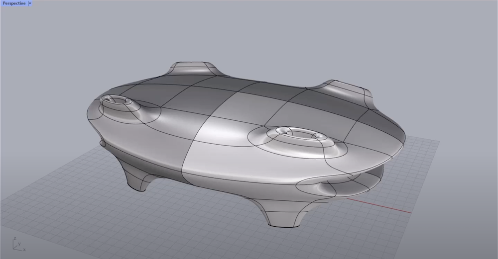 Screenshot of the Rhino software interface showing the perspective view of a submersible that has been 3D modelled in Rhino