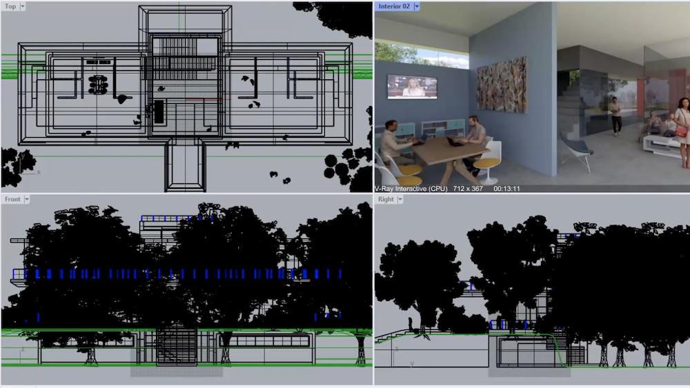 Rhino software screenshot showing all 4 perspectives of a scene being rendered.