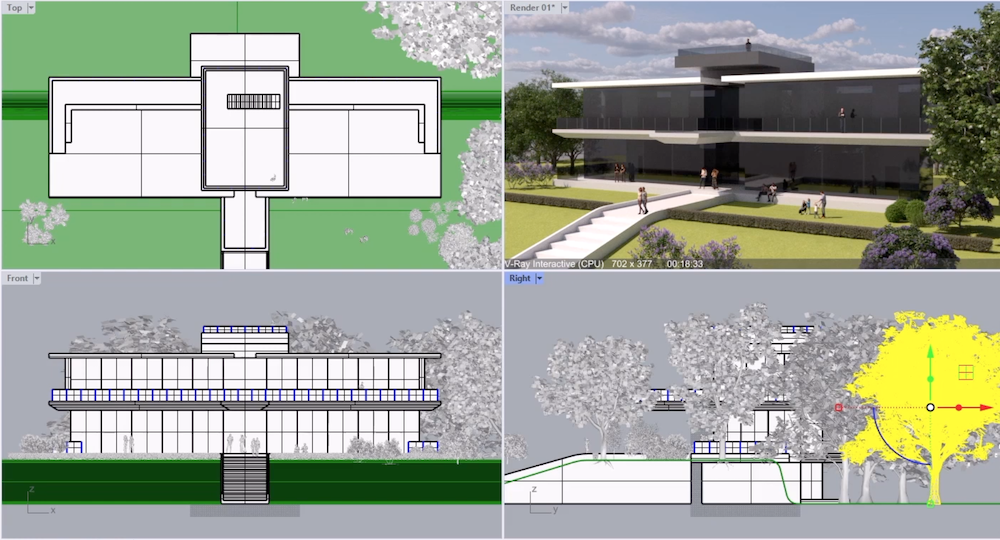 Screenshot from a V-Ray for Rhino Video Tutorial showing an architectural scene from different viewpoints.