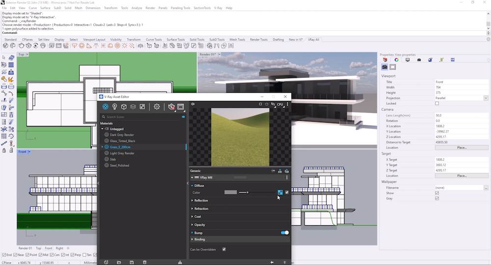 Screenshot from a V-Ray for Rhino Video Tutorial showing an architectural scene from different viewpoints.