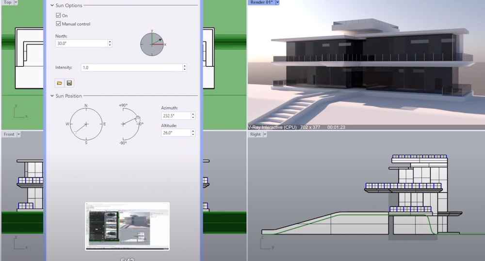 Screenshot from a V-Ray for Rhino Video Tutorial showing an architectural scene from different viewpoints.