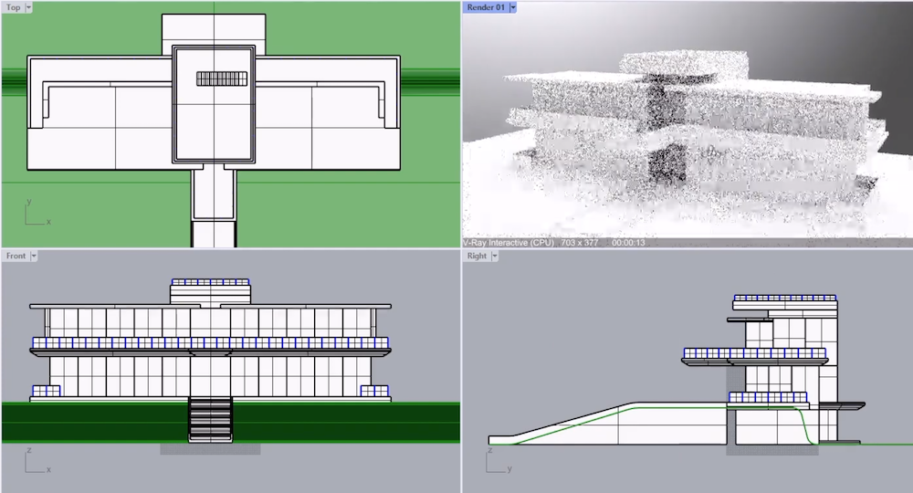 Screenshot from a V-Ray for Rhino Video Tutorial showing an architectural scene from different viewpoints.